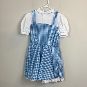 Blue Gingham Pinafore Dress with White Puff Sleeve Blouse